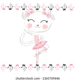 Hand Drawn Cute Cat, ballerina illustration, children print on t-shirt.