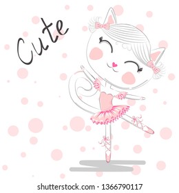 Hand Drawn Cute Cat, ballerina illustration, children print on t-shirt.
