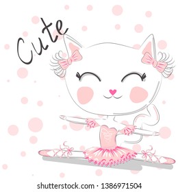Hand Drawn Cute Cat, ballerina illustration, children print on t-shirt.