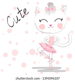 Hand Drawn Cute Cat, ballerina illustration, children print on t-shirt.