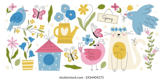 Hand drawn cute cat, birds and butterflies with spring flowers doodle design vector illustration. Natural pattern with blossoms growing in ground or in pot and funny animals with avian flock