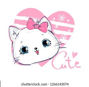 Hand Drawn cute cat and bow. Design print for t-shirt. Vector Illustration. Handwritten - Cute. Heart.