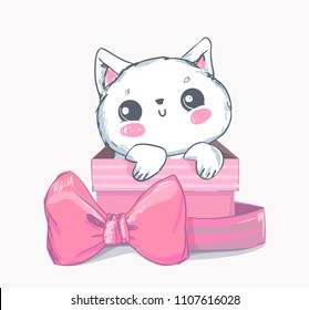 Hand Drawn Cute Cat in the Box, Vector illustration.