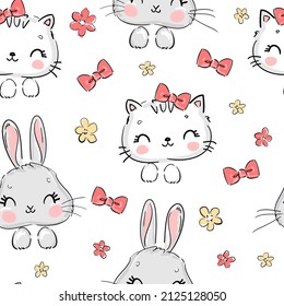 Hand drawn cute cat and bunny with daisy flowers Seamless pattern vector illustration childish design print for baby textiles and background