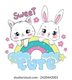 Hand Drawn Cute cat and Bunny with Rainbow and Flowers Vector illustration, Kids Print design 