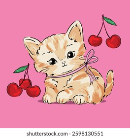 Hand drawn cute cat and cherry berries on white background childish vector illustration kitten holding berries print for kids
