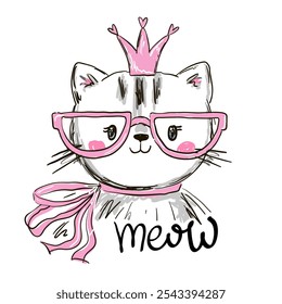 Gato lindo dibujado a mano con corona en gafas y la inscripción maulla. Ilustración vectorial en estilo de dibujos animados.