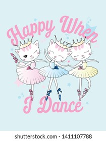 Hand drawn cute cat dancing illustration for t shirt printing