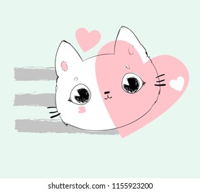 Hand Drawn Cute Cat, Design Print for T-Shirt.