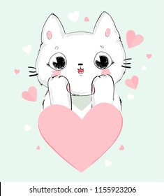 Hand Drawn Cute Cat, Design Print for T-Shirt.