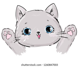 Hand Drawn cute cat. Design print for t-shirt. Vector Illustration. 