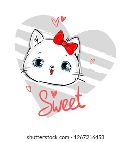 Hand Drawn cute cat. Design print for t-shirt. Vector Illustration. 
