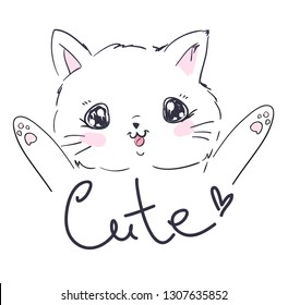 Hand Drawn cute cat. Design print for t-shirt. Vector Illustration. Handwritten - Cute. Heart.