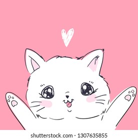 Hand Drawn cute cat. Design print for t-shirt. Vector Illustration. 