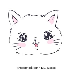 Hand Drawn cute cat. Design print for t-shirt. Vector Illustration.