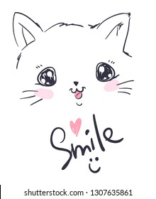 Hand Drawn cute cat. Design print for t-shirt. Vector Illustration. Handwritten - Smile. Heart.