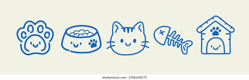 Hand drawn cute cat doodle icon set with paw bowl fishbone pet house and whisker