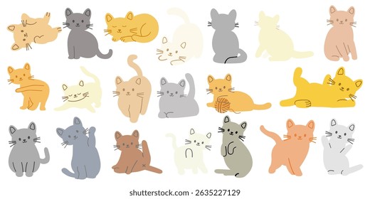 Hand drawn cute cat doodles set. Playful kittens in different poses. Vector pet illustrations of sitting, stretching, walking, grooming, and lying cats. 
Simple line style doodles with paw prints.
