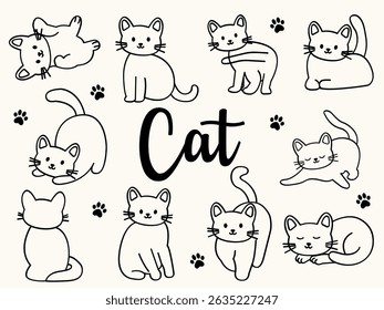 Hand drawn cute cat doodles set. Playful kittens in different poses. Vector pet illustrations of sitting, stretching, walking, grooming, and lying cats. 
Simple line style doodles with paw prints.