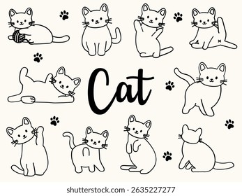 Hand drawn cute cat doodles set. Playful kittens in different poses. Vector pet illustrations of sitting, stretching, walking, grooming, and lying cats. 
Simple line style doodles with paw prints.