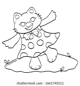 hand drawn cute cat with dress vector illustration.  Black and white illustration for coloring book. 