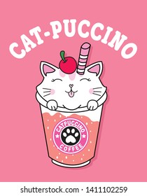 Hand drawn cute cat with drinks illustration for t shirt printing