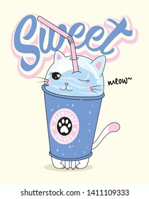 Hand drawn cute cat drinks illustration for t shirt printing