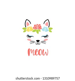 Hand drawn cute cat face with text: Meow. Sketch isolated cartoon illustration for print, t-shirt, textile, poster, apparel design. Vector clipart character.