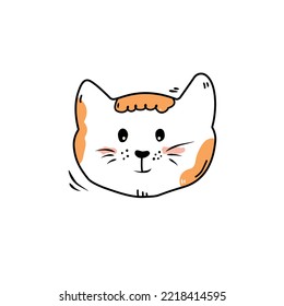 Hand drawn cute cat face doodle style, vector illustration isolated on white background. Black outline decorative design element, smiling pet, domestic animal