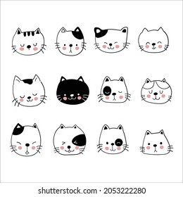 Hand drawn cute cat faces illustration Vector