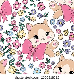 Hand Drawn Cute Cat and Floral Pattern seamless for Kids Textiles vector