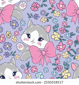 Hand Drawn Cute Cat and Floral Pattern seamless for Kids Textiles vector