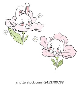 Hand gezeichnet Cute Cat Flower und Bunny Vektorgrafik Sketch, Print Design, Kinder Druck auf T-Shirt.