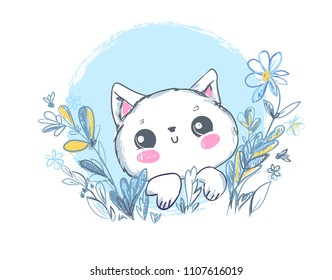 Hand Drawn Cute Cat and flowers, children print on t-shirt