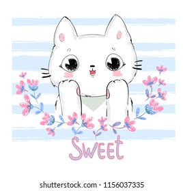 Hand Drawn Cute Cat and Flowers vector illustration, Design Print for T-shirt 