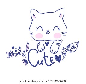 hand drawn cute cat and flowers vector illustration, childish print design.