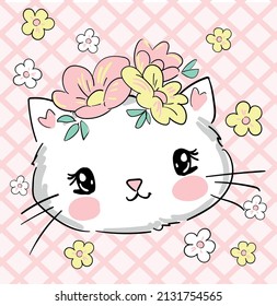 Hand drawn cute cat and flowers kids print vector illustration