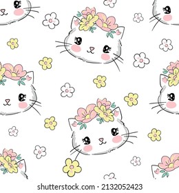 Hand drawn cute cat and flowers pattern seamless vector illustration 