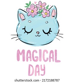 Hand drawn cute cat and flowers kids print vector illustration