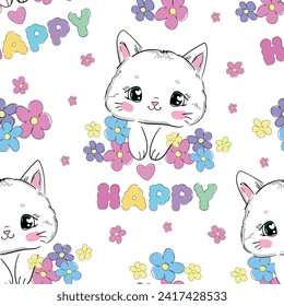 Hand Drawn Cute Cat and flowers seamless pattern vector illustration