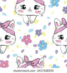 Hand Drawn Cute Cat and flowers seamless pattern vector illustration