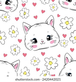 Hand Drawn Cute Cat and flowers seamless pattern vector illustration