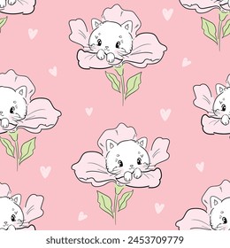 Hand gezeichnet Cute Cat und Blumen nahtlose Muster Vektorillustration Kids print