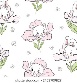 Hand Drawn Cute Cat and flowers seamless pattern vector illustration