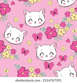 Hand Drawn Cute Cat and flowers seamless pattern vector illustration Kids print