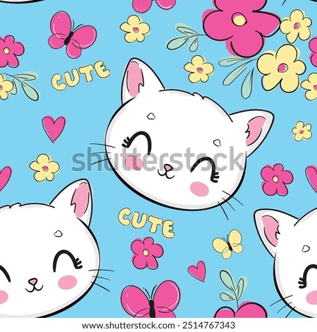 Hand Drawn Cute Cat and flowers seamless pattern vector illustration Kids print