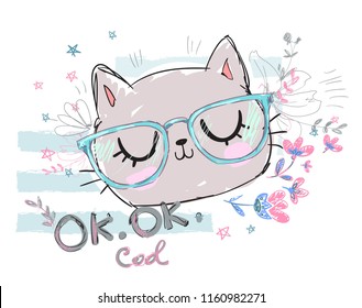 Hand Drawn Cute Cat with glasses. Design sketch cat, children print on t-shirt girl