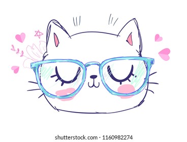 Hand Drawn Cute Cat with glasses. Design sketch cat, children print on t-shirt girl