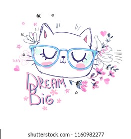 Hand Drawn Cute Cat with glasses. Design sketch cat, children print on t-shirt girl