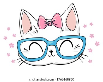 Hand Drawn Cute Cat with Glasses and Bow Sketch Vector Illustration, Print Design Cat, children print on t-shirt.